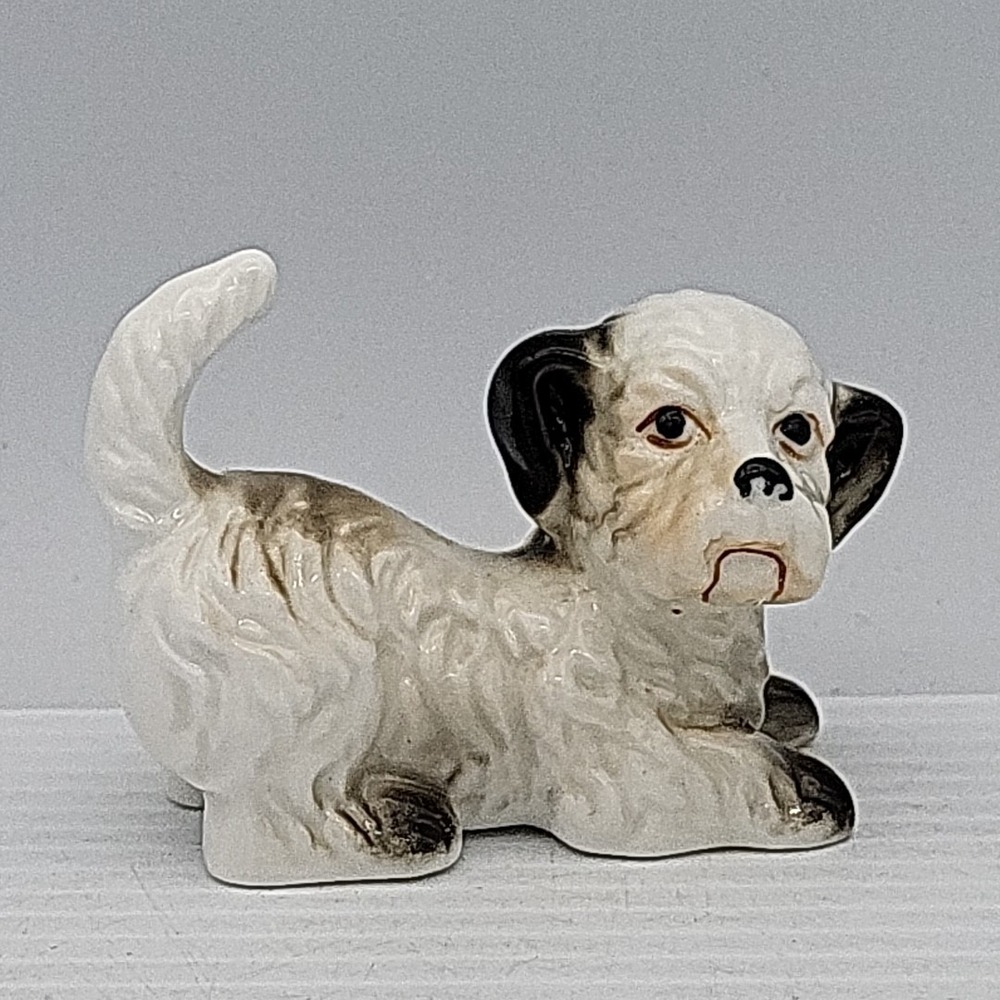 Vintage Ceramic Terrier Puppy Dog Figurine White w Black Ears‎